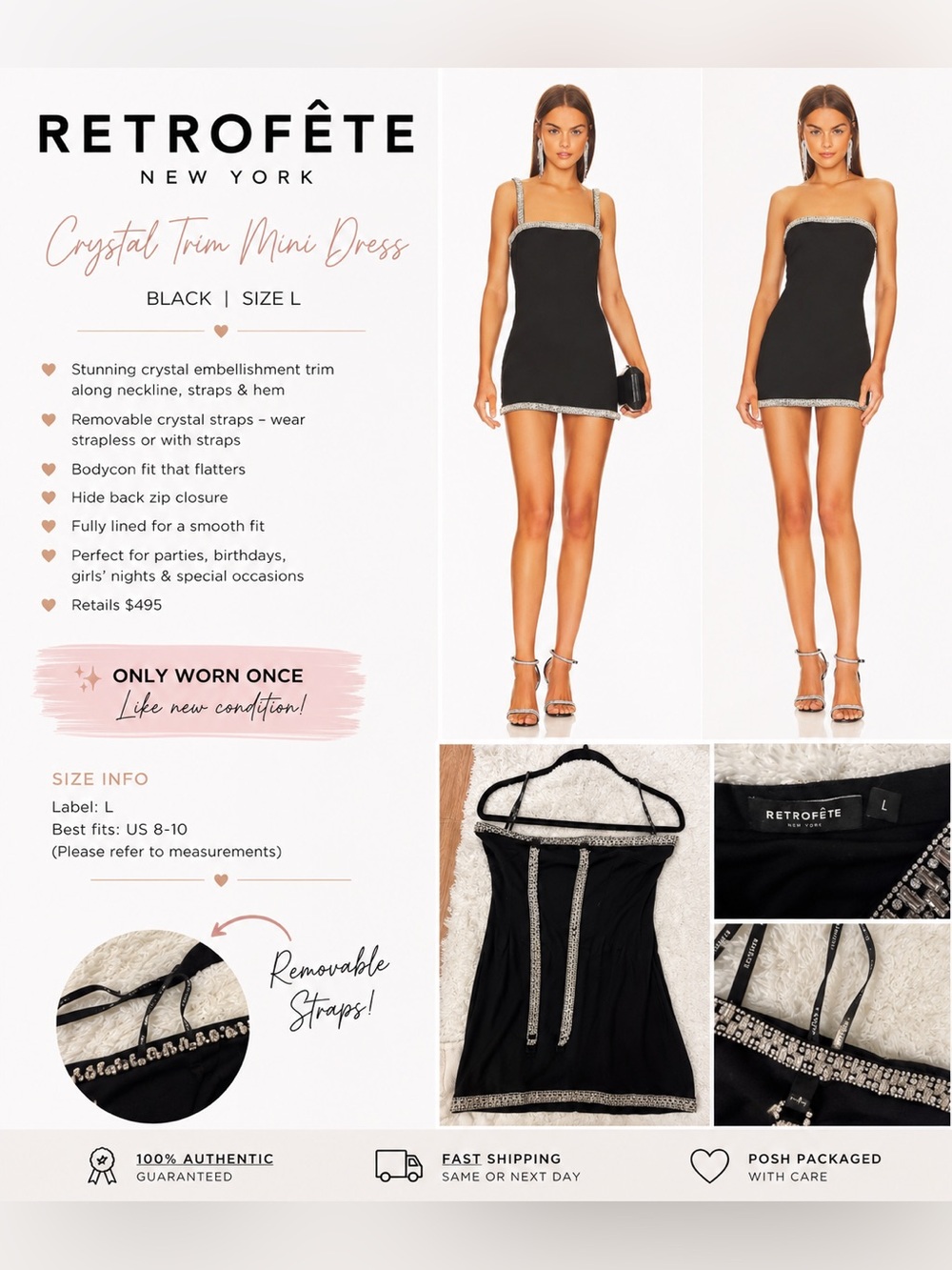 Retrofete Black Crystal-Trim Mini Dress